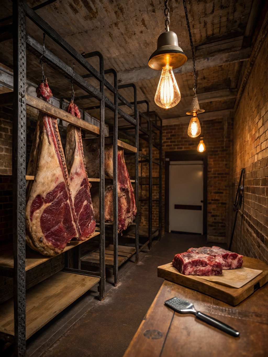Auswahl an hochwertigem Dry-Aged Beef in der Reifekammer