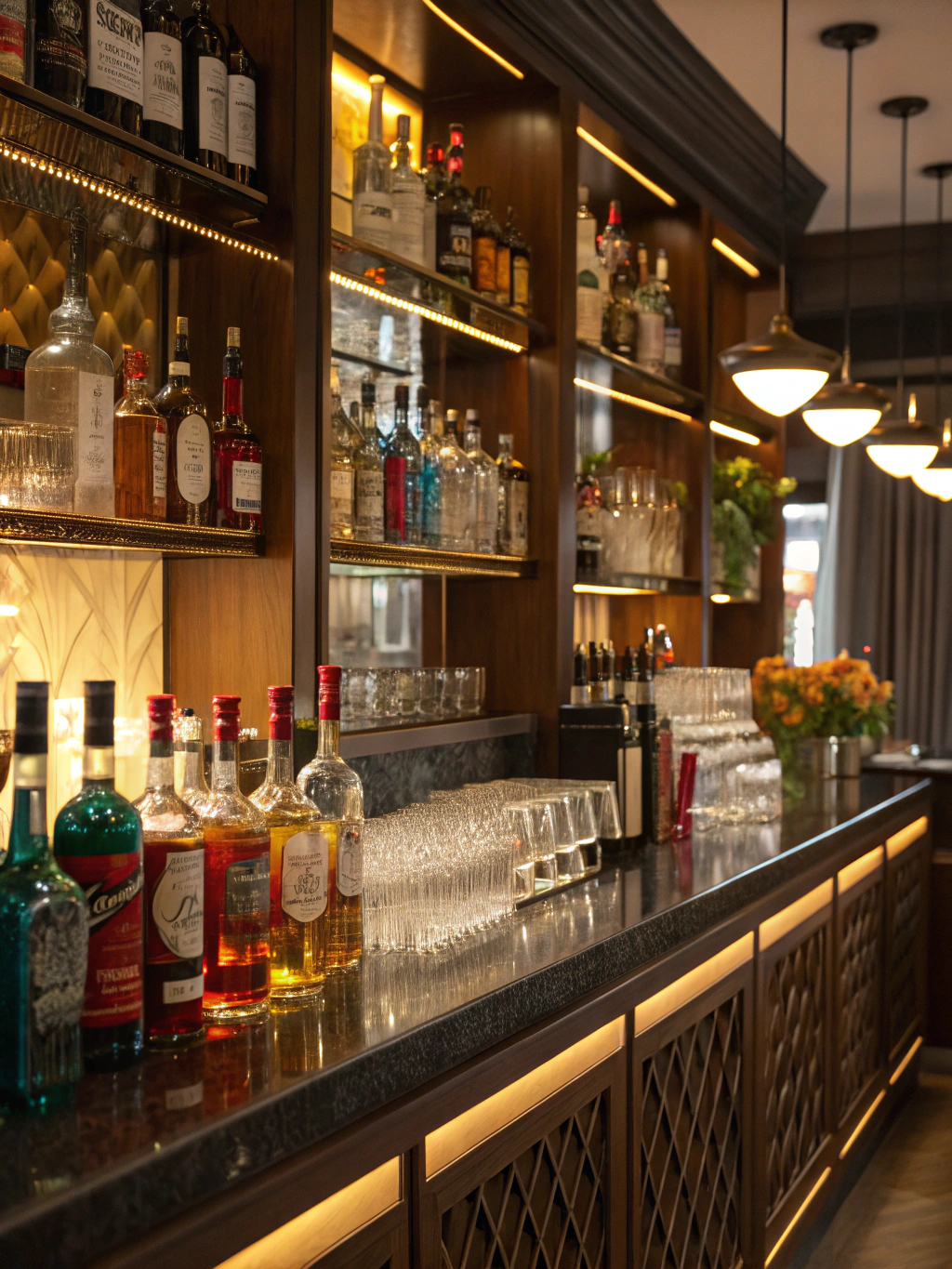 Detailaufnahme der Bar mit edlen Spirituosen