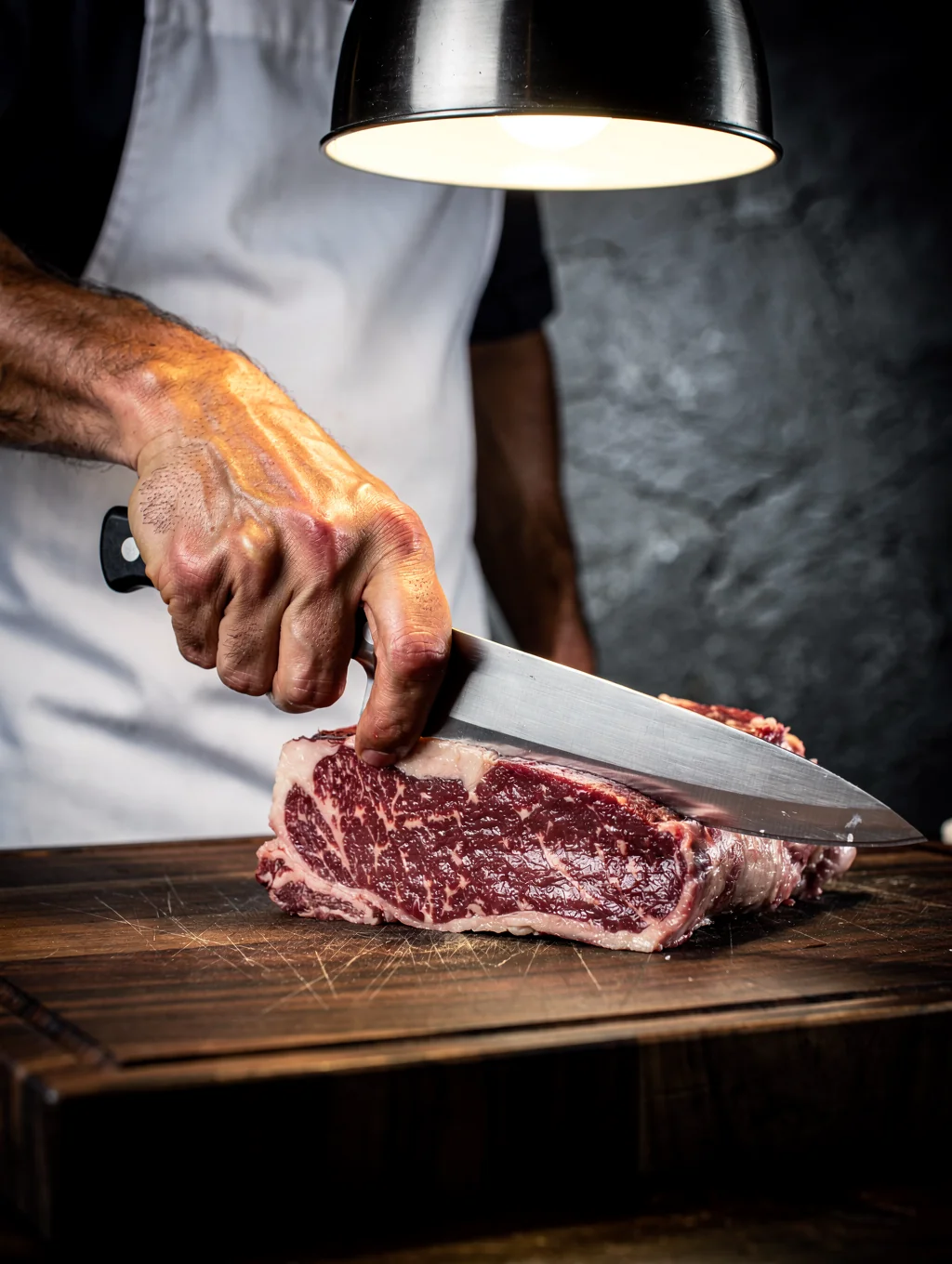 Dry-Aged Steak wird in der Küche des Bone TO Steakhouse sorgfältig für die Zubereitung vorbereitet