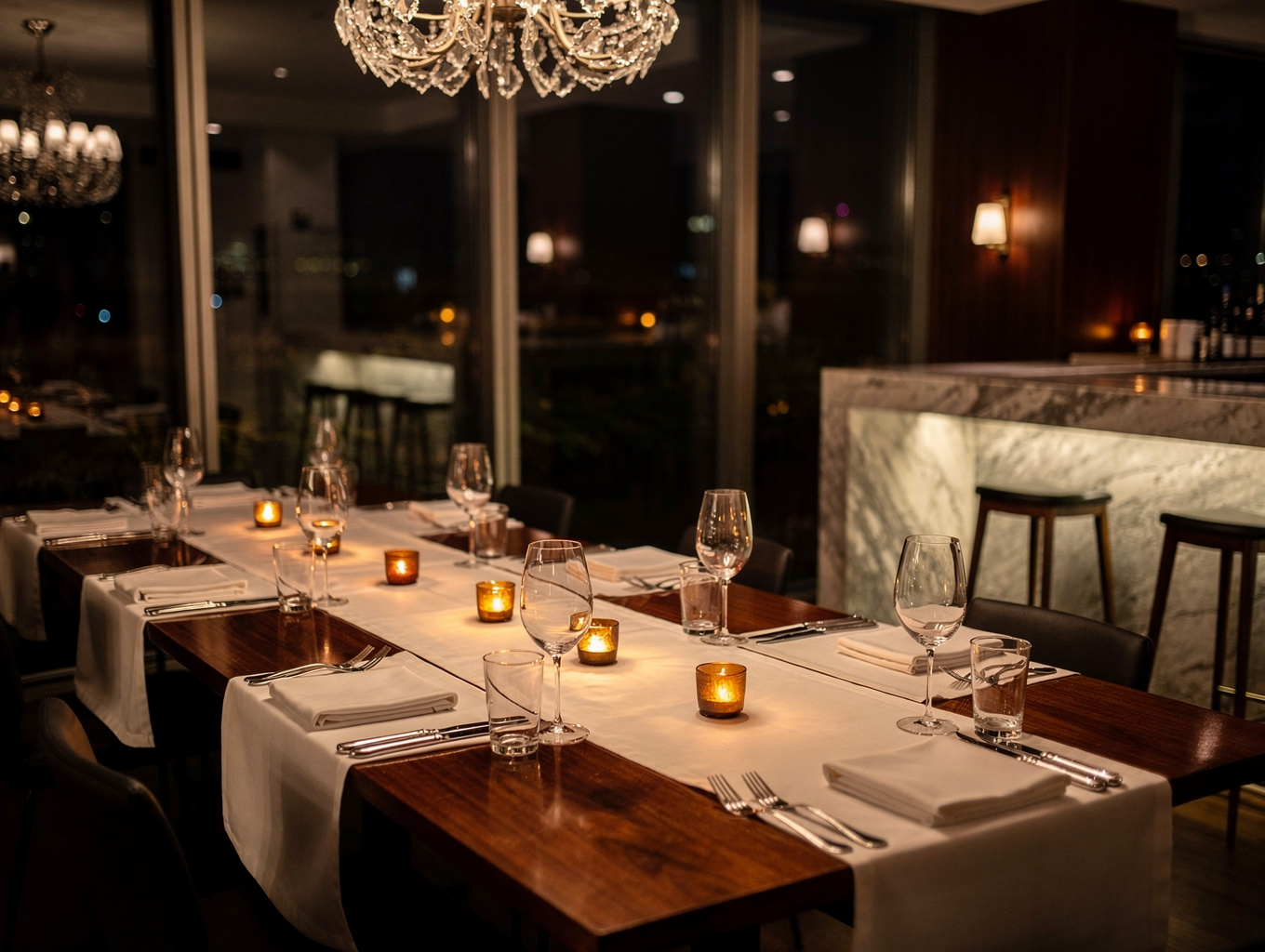 Elegantes Steakhouse-Ambiente mit gedimmtem Licht und hochwertigen Details