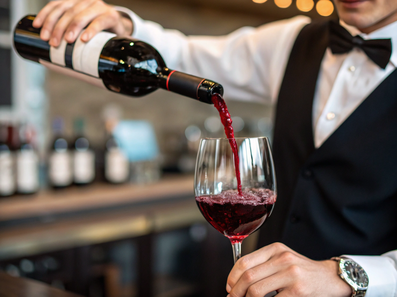 Ein Glas Rotwein wird elegant eingeschenkt